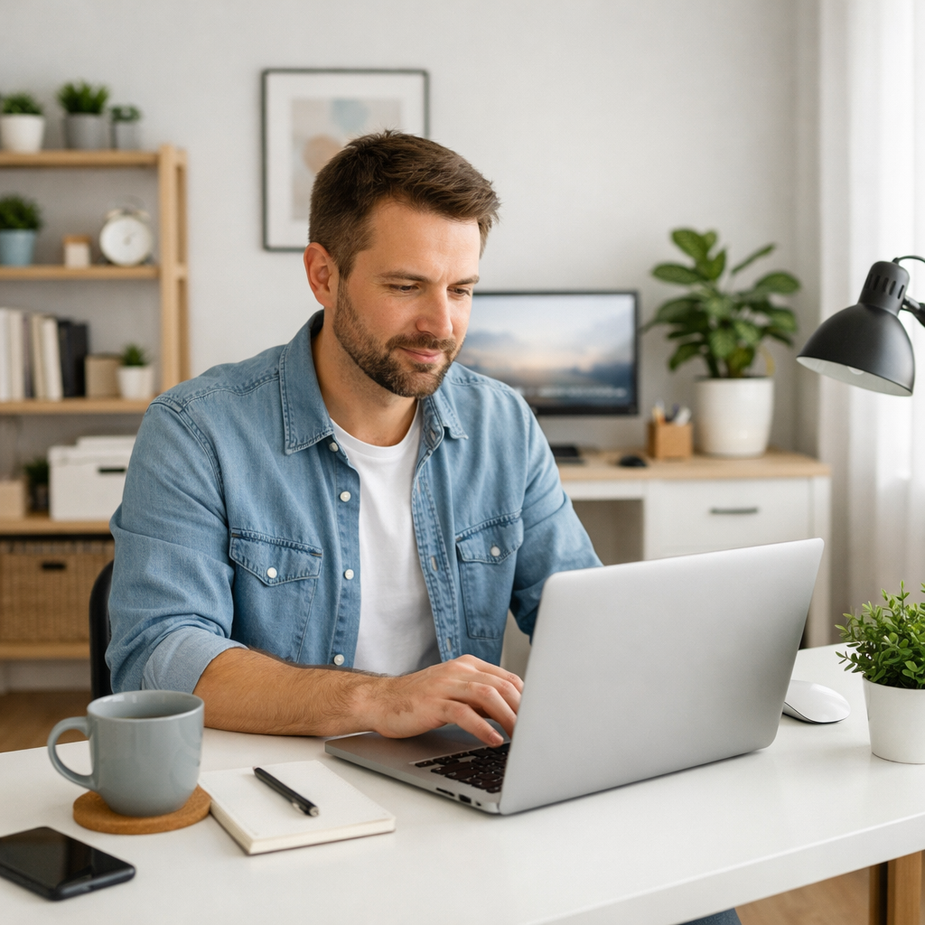 Person Working Computer Home Laptop Home Office Remote Work Clean