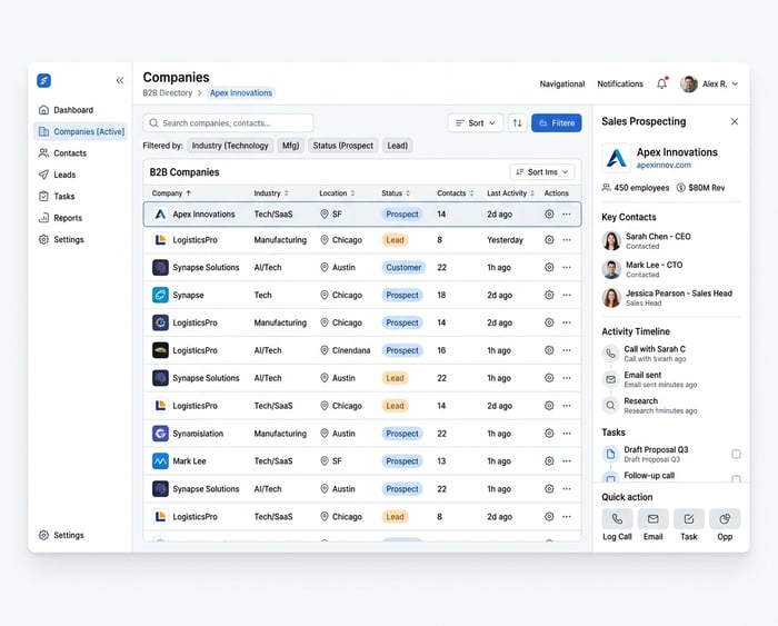 Firefly_Gemini Flash_CRM dashboard showing filtered B2B companies list, sales prospecting interface, moder 867900