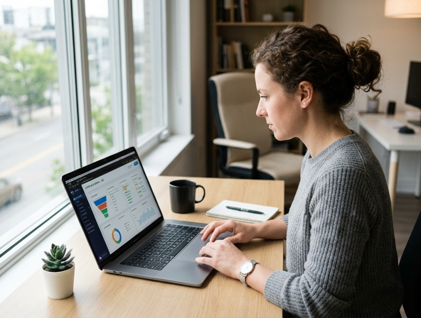 Firefly_Gemini Flash_freelancer or consultant working on laptop building a sales system, CRM dashboard vis 867900