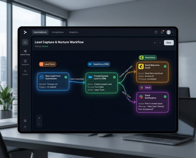 Firefly_workflow automation diagram connecting CRM, email, lead forms and notifications, mode 867900